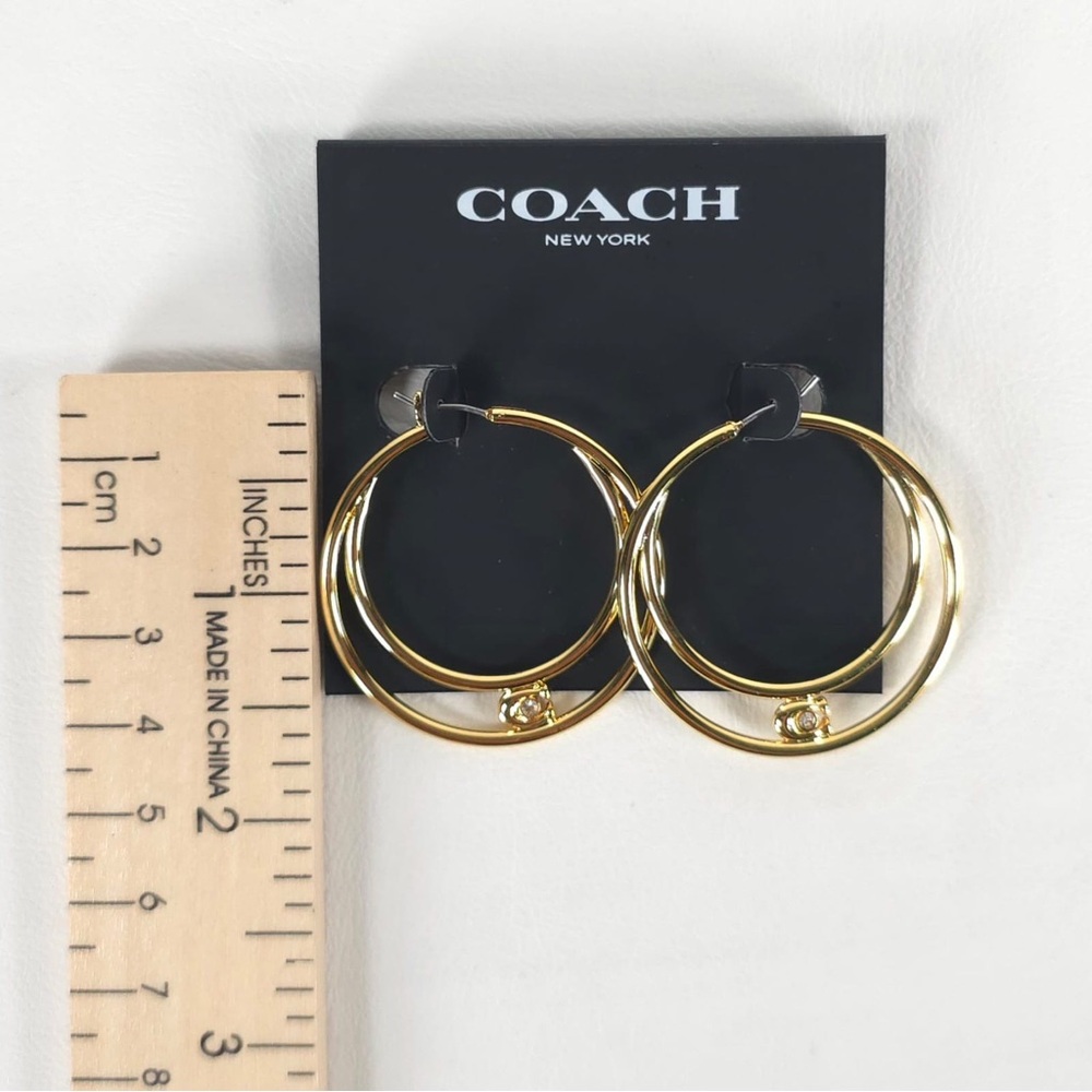 NWT COACH Women's Signature Double Hoop Gold Earrings with Cubic Zirconia Detail - Picture 13 of 13
